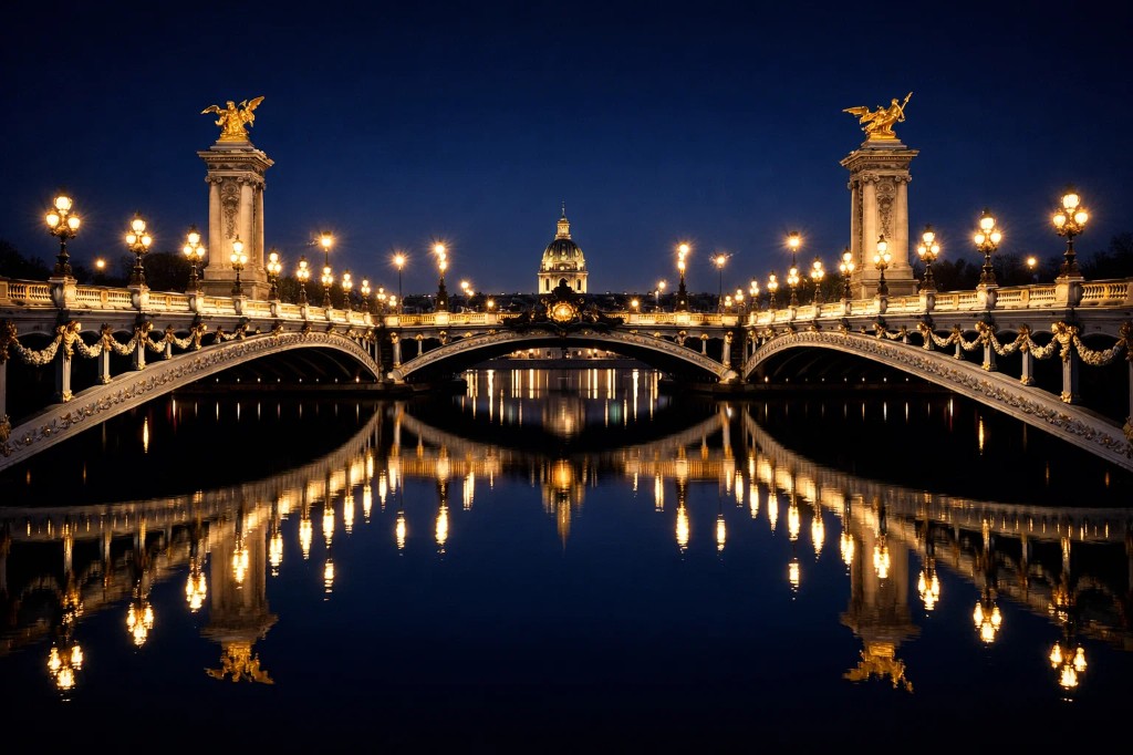Paris, pont Alexandre III et reflets sur la Seine la nuit — ancrage du cabinet.